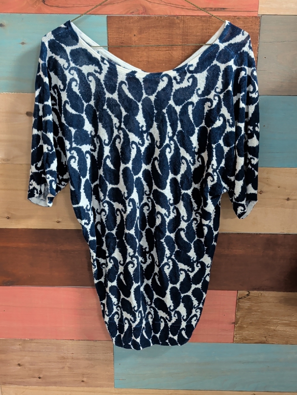 Talbots Navy & White Paisley Knit Boatneck Top